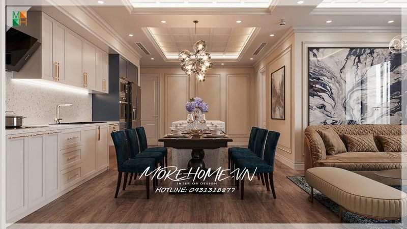 Đèn trang trí thả bàn ăn với ánh sáng vàng ấm áp lung linh không gian sang trọng lấp lánh.